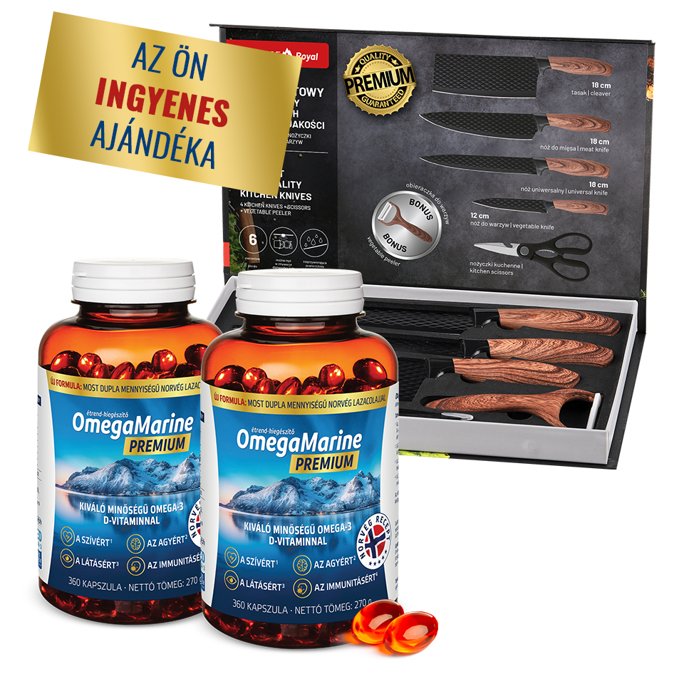 Natural Pharmaceuticals OmegaMarine™ Premium OmegaMarine Prémium étrend-kiegészítő nagy üvegekben, amelyek egyenként 360 kapszulát tartalmaznak. A címkén található információ a kiváló minőségű omega-3-ról D-vitaminnal. A termék támogatja a szívet, az agyat, a látást és az immunitást. A termékek mellett látható egy ajándékba kínált elegáns arany női karóra cirkonokkal. Alul két piros-narancs színű kapszula található.