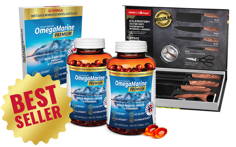 Natural Pharmaceuticals OmegaMarine™ Premium OmegaMarine Prémium étrend-kiegészítő készlet - egy csomag és két üveg omega-3 D-vitamin kapszula. Mellette egy elegáns női karóra rózsaaranyból, cirkókövekkel és egy sárga jelvénnyel, amelyen piros színnel a „BEST SELLER” felirat olvasható.