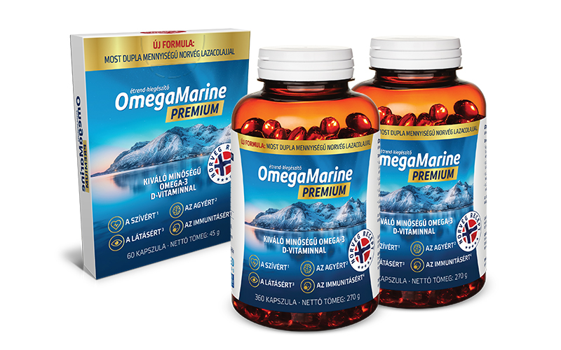 Natural Pharmaceuticals OmegaMarine™ Premium Egy csomag és két üveg OmegaMarine™ Premium omega-3 zsírsavakat és D-vitamint tartalmazó étrend-kiegészítő. A címkén a norvég tájat ábrázoló grafika, a „Norvég recept” megjelölés, valamint a szívre, az agyra, a látásra és az immunrendszerre gyakorolt előnyökre vonatkozó információk szerepelnek.